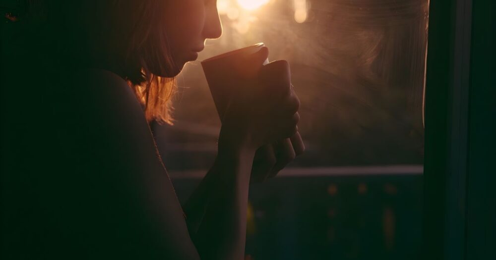 夕方の光の中で、マグカップを手に静かに飲み物を味わう女性の横顔。