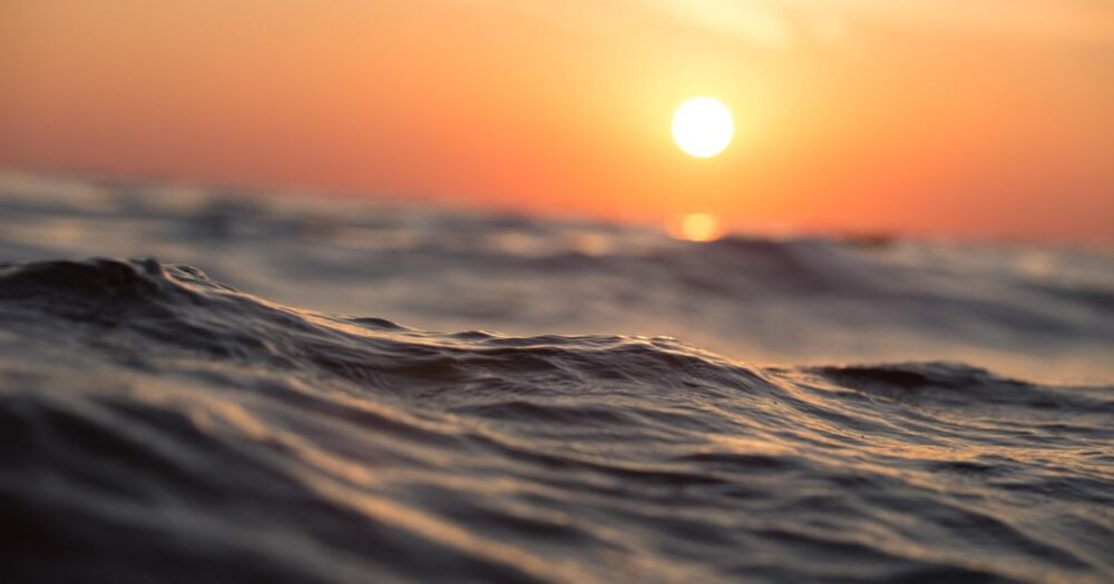 夕日に照らされた海面を、穏やかな波がゆっくりとうねっている。